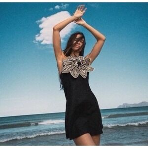 ZARA Sz S Limited Edition Crochet‎ Black Linen Blend Halter Dress Boho Resort